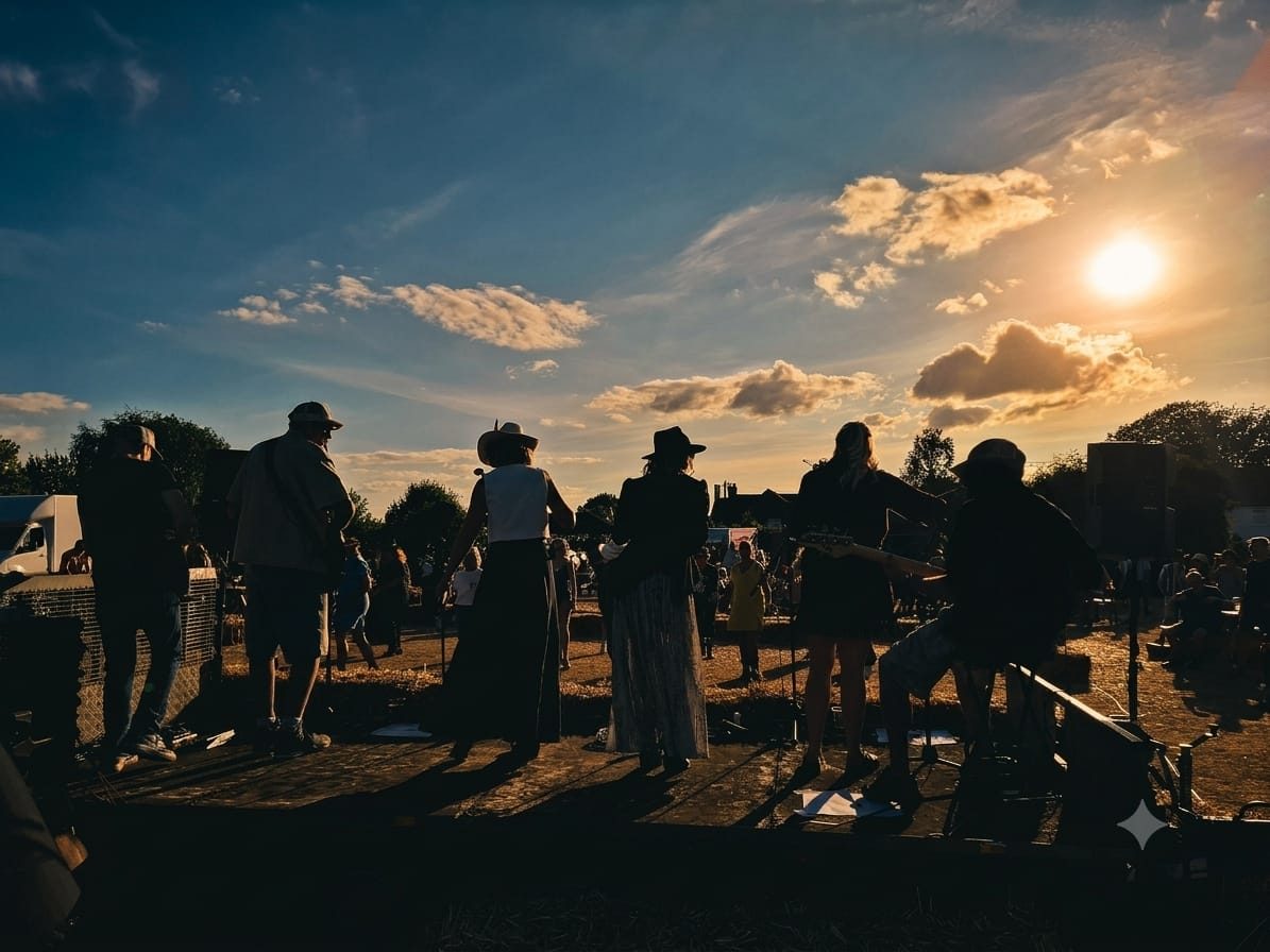 The Other Country Band silhouetted on stage at sunset, playing to a crowd at an outdoor country music show